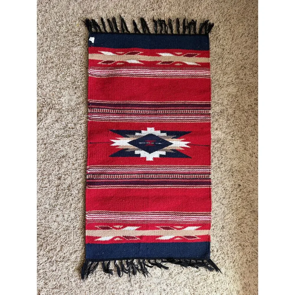 Southwest Woven Red/Blue Rug 34x18 Small Cowboy Retro New Mexico